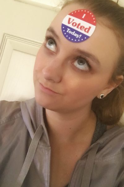 Michelle with the political "I Voted Today" sticker on her forehead