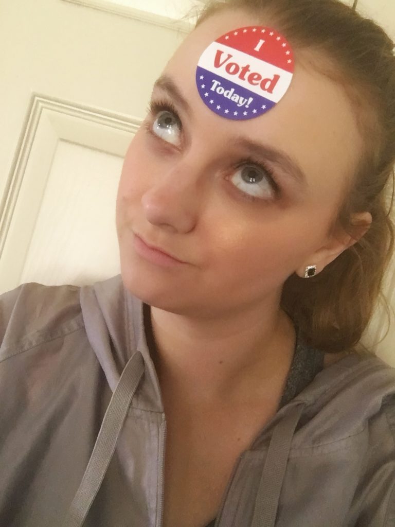 Michelle with the political "I Voted Today" sticker on her forehead