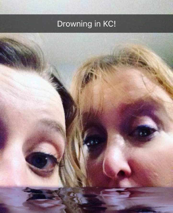 Susie and Michelle on vacation in Kansas City, in 2017, playing with Snapchat filters 